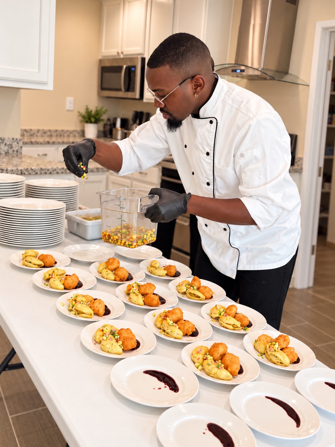 Chef Salandy plating a line of dishes in a home kitchen