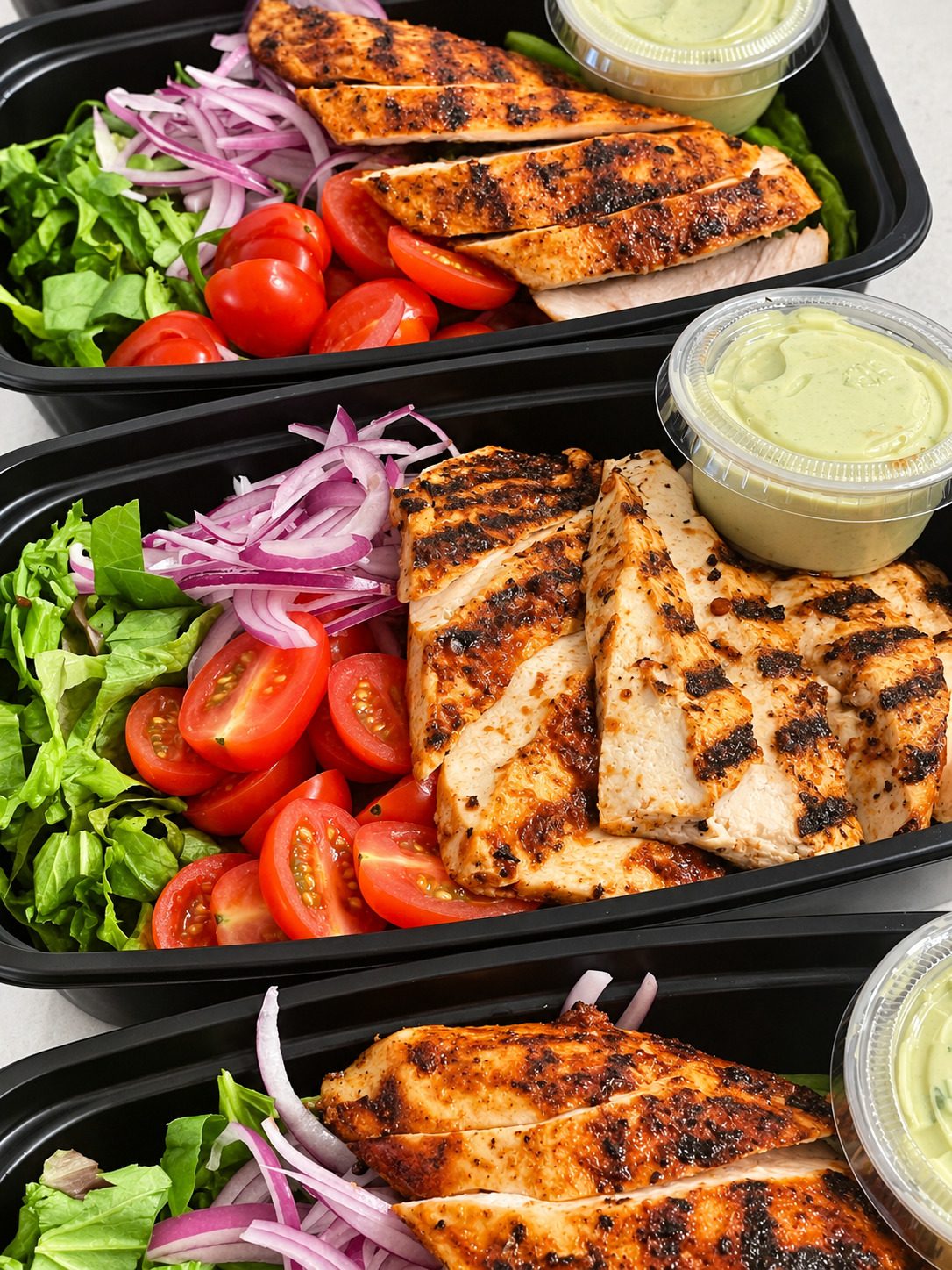 Grilled chicken meal prep containers with salad and sauce