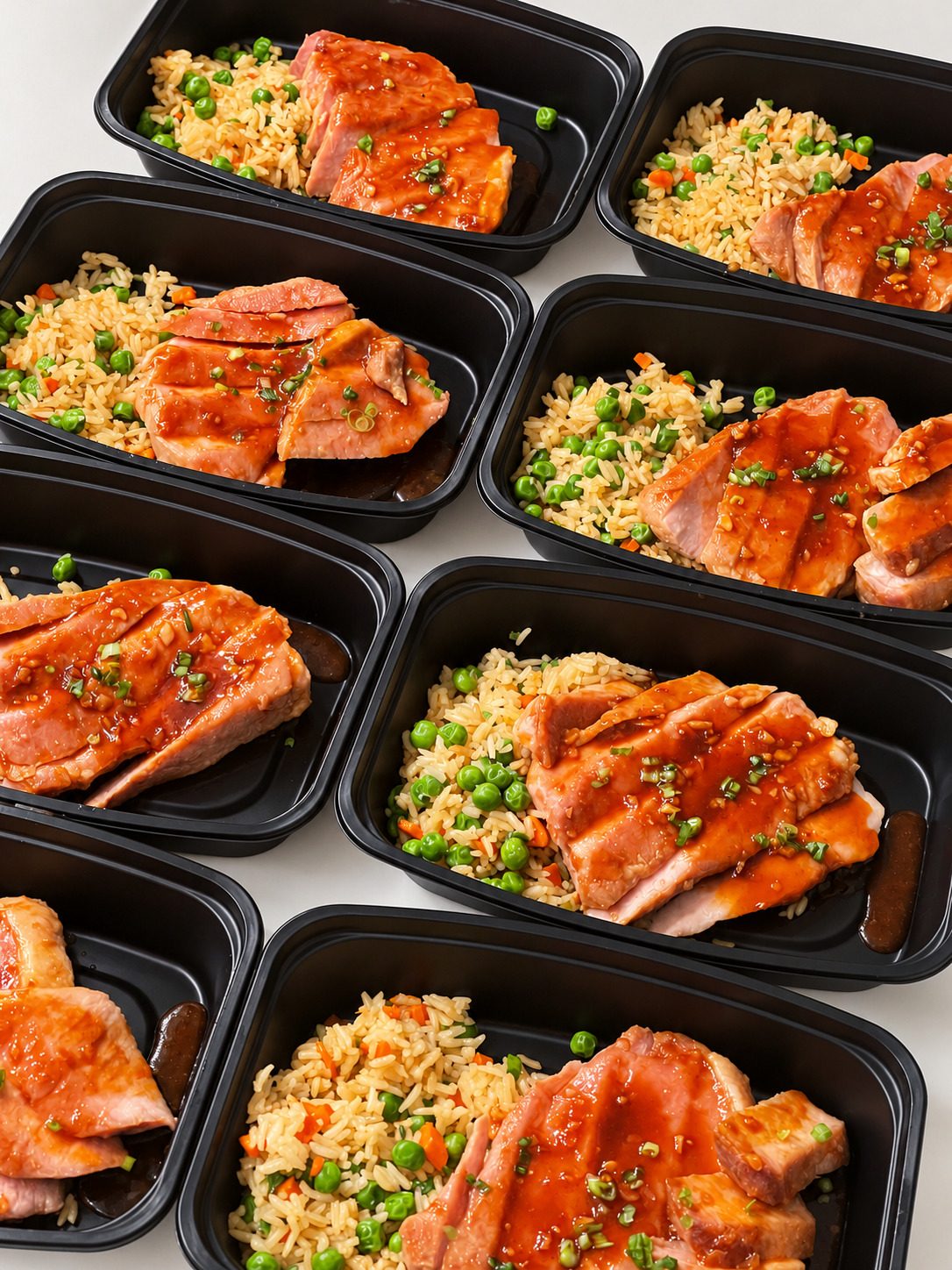 Glazed protein with fried rice and peas in meal prep containers