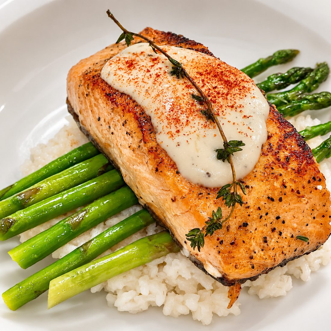 Seared salmon with sauce and asparagus over rice