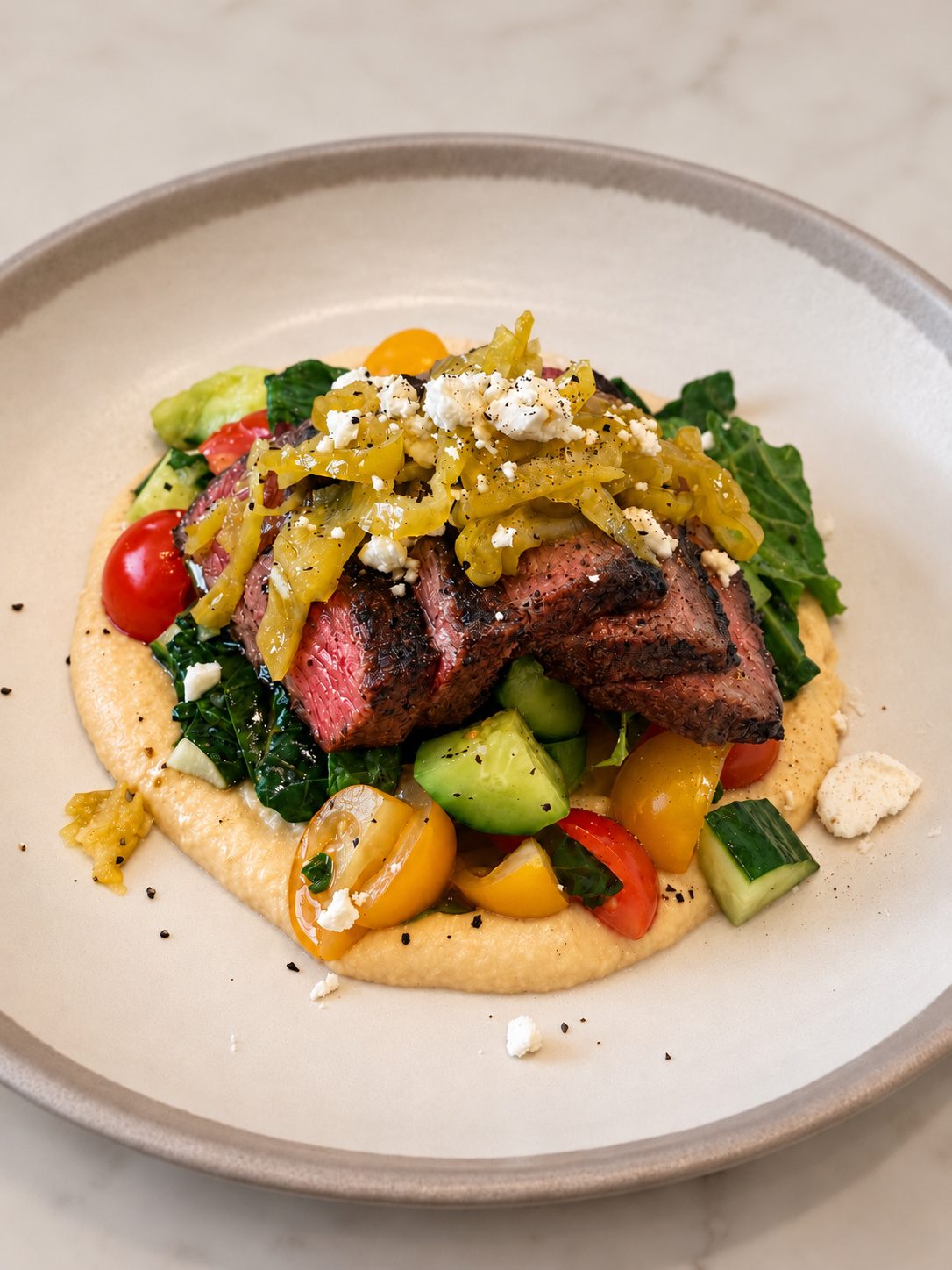 Sliced seared steak over hummus with tomatoes, cucumber and feta